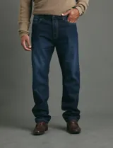 Pantalon jean de corte recto clásico con diseño de cinco bolsillos, confeccionado en algodón.