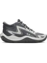 Championes Under Armour Jet 25 de color gris y blanco, diseñados con una parte superior de materiales mixtos para mayor durabilidad y transpirabilidad. Cuentan con un cuello acolchado, entresuela Micro G® para una amortiguación reactiva y suela exterior de goma resistente para un óptimo rendimiento en la cancha.