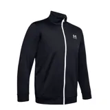 Campera deportiva Under Armour Tricot de hombre, color negro con cierre frontal blanco y logo de la marca en el pecho.