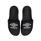 Ojotas Umbro de diseño ergonómico en color negro, con banda superior ancha que presenta el logo de la marca estampado en blanco.