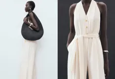 Mono largo de diseño recto y cuello halter con escote en pico. Presenta cierre frontal de botones, tirantes anchos y un cinturón ajustable tipo lazo en la cintura.