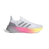 Championes Adidas Ultraboost Light, color blanco con detalles en gris y suela degradada en tonos rosa, naranja y amarillo.