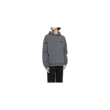 Hoodie Allsaints modelo Redact de color gris oscuro, con capucha ajustable por cordones y bolsillo frontal tipo canguro. Presenta un pequeño estampado con texto y tipografía en el pecho.