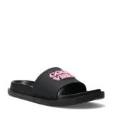 Sandalias de baño negras tipo slide, con tira ancha y la inscripción en relieve 'GOOD VIBES' en color rosado. Suela con textura antideslizante.