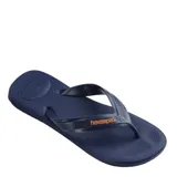 Ojotas Havaianas modelo Top Max Comfort, color azul marino con logo en color naranja en las tiras. Presentan una suela texturizada y diseño ergonómico para mayor confort.