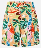 Short de viscosa con estampado de follaje y tucanes, de cintura alta con elástico y bajo dobladillado.