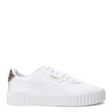 Championes Puma modelo Carina 3.0 Animal Flair, de diseño urbano con plataforma. Presentan una capellada de cuero sintético negro con el logo de la marca en dorado y suela de goma robusta con textura acanalada.