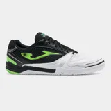 Championes de fútbol sala Joma modelo Dribling, con diseño en blanco y negro con detalles en verde neón. Presentan una combinación de malla y material sintético reforzado en la puntera para mayor durabilidad y protección.