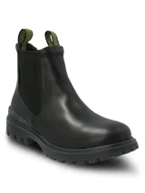 Bota tipo Chelsea de Hush Puppies, confeccionada en cuero negro con paneles elásticos laterales y tiradores superiores con diseño gráfico en amarillo y negro. Presenta una suela de goma robusta con tecnología Fusion de doble densidad para mayor absorción de impactos y tracción.