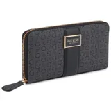 Billetera Guess modelo Isabella, color negro con estampado de monograma de la marca. Presenta una franja vertical central en material liso con placa metálica dorada que incluye el logo de la marca. Cuenta con cierre perimetral y diseño funcional con compartimentos internos.