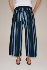 Jeans culotte de tiro medio ZW Collection con estampado de rayas verticales en tonos azules, celestes y negros. Cuenta con diseño de cinco bolsillos y cierre frontal con cremallera y botón.
