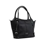 Cartera negra tipo tote bag con doble asa de hombro, cierre superior y detalles de correas con hebillas y cremalleras en los laterales.