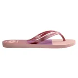 Sandalias de dedo Havaianas Elegance Print, color rosado con diseño degradado en tonos rosados y lilas, tiras finas con grabado y textura antideslizante.