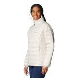 Campera acolchada Columbia modelo Powder Lite II, color beige, con cierre frontal completo, cuello alto con protección de barbilla y bolsillos laterales con cremallera. Cuenta con tecnología Omni-Heat™ termorreflectante y aislamiento sintético Thermarator™.