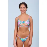 Bikini de dos piezas con estampado floral en tonos turquesa y fucsia. El top presenta un diseño tipo cut-out con tiras cruzadas en la parte inferior y breteles finos. La bombacha es de corte tanga con laterales ajustables.