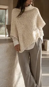 Poncho tejido en lana color crudo, con diseño amplio, envolvente y textura artesanal.