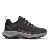 Championes de trekking Merrell Speed Strike 2 para mujer, en color negro con detalles en lila y gris. Confeccionados con parte superior sintética y de malla transpirable, entresuela de espuma EVA ligera y suela exterior de goma adhesiva con alta tracción.
