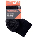 Medias deportivas de senderismo en color negro con detalles en gris oscuro y costuras reforzadas en la zona del talón y la puntera. Incorporan el nombre de la marca en color naranja en el empeine y bandas elásticas de soporte.