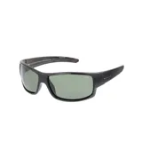 Lentes de sol deportivos de montura envolvente color negro, con lentes polarizados de color verde.