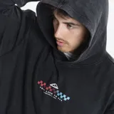 Canguro Reef con capucha, confeccionado en tejido con efecto lavado color gris oscuro. Presenta un estampado gráfico pequeño en el centro del pecho con diseño de cuadros en tonos rojos y azules, y bolsillo frontal tipo canguro.