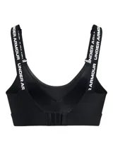Top deportivo de alto soporte Under Armour, diseñado para actividades de alta intensidad. Presenta un diseño en color negro con tirantes elásticos ajustables que incluyen el logo de la marca, y una banda inferior con el logo de Under Armour. Cuenta con almohadillas moldeadas y panel frontal de malla para mayor transpirabilidad.