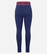 Legging deportiva de microfibra color lila, con cintura elástica ancha en contraste que presenta el texto Keep Mooving estampado.