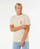 Remera Rip Curl de manga corta, color beige con estampado rojo en el pecho y la espalda, corte holgado y estilo surfero retro.