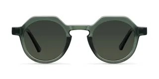 Lentes de sol redondos con detalles geométricos, montura verde oliva y varilla metálica. Lentes polarizadas verdes con protección UV400.