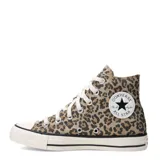 Championes Converse Chuck Taylor All Star Hi de caña alta, con diseño de estampado animal print de leopardo, puntera de goma blanca y cordones claros.