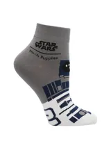 Medias cortas grises, blancas y azules con diseño inspirado en R2-D2 de Star Wars, con el logotipo de la marca y de la saga impresos en la parte superior.
