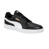 Championes Puma Shuffle de hombre, color blanco con detalles en azul marino y dorado.