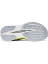 Championes de running Under Armour Velociti Pro 2, color gris con entresuela blanca, detalles en amarillo flúor y azul, y el logo de la marca en el lateral.
