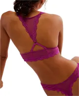 Bralette negro de malla transparente con ribete de encaje y espalda cruzada.