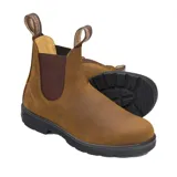 Botas de cuero marrón con laterales elásticos marrones, forro de cuero, suela de TPU duradera, entresuela acolchada, sistema SPS Max Comfort para absorción de impactos y plantilla extraíble con tecnología XRD en la zona del talón.