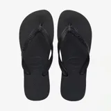 Ojotas Havaianas modelo Top, completamente negras, con tiras finas y suela texturizada.