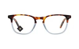 Lentes de receta con armazón de acetato, diseño bicolor con parte superior en carey y parte inferior transparente.