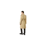 Gabardina larga Burberry modelo Highbury color beige, de doble botonadura, con solapas amplias, cinturón ajustable con hebilla, solapa cortavientos en el pecho y trabillas en los hombros y puños.