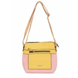 Bandolera tricolor combinada en amarillo y rosado, con correa larga ajustable en tono tostado. Cuenta con cierre principal, un bolsillo frontal con cierre y un bolsillo tipo parche en la parte delantera.