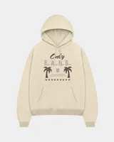 Canguro beige con capucha, cordones ajustables y bolsillo tipo canguro al frente. Presenta estampado frontal con texto y diseño de palmeras.