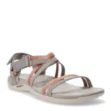 Sandalias Merrell modelo Terran 3 Cush Lattice, color gris taupe con detalles de tiras naranjas con bordado en zig-zag. Cuentan con tiras cruzadas, ajuste de velcro en el talón y suela acolchada.