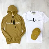 Canguro mostaza de algodón sin felpa, con capucha y cordones negros. Estampa frontal con el logo de la marca Duxon Jeans en blanco y negro.
