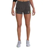 Short deportivo Topper de mujer, color gris con detalles laterales en amarillo. Cuenta con cintura elástica y logo de la marca estampado en el frente.