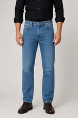 Pantalon de jean corte slim fit en color azul medio, con diseño clásico de cinco bolsillos y cierre frontal con botón y cremallera.