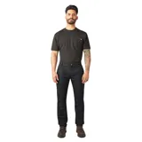 Pantalón de trabajo negro, de corte recto, con bolsillos laterales y traseros.