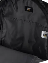 Mochila Caterpillar de diseño funcional, color negro, confeccionada en poliéster ripstop reciclado. Cuenta con un compartimento principal amplio con bolsillo interior, bolsillo frontal con cierre y panel organizador, bolsillos laterales de malla y detalles reflectantes.
