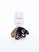 Pack de 12 gomitas de pelo, seis color beige y seis color negro. Algunos modelos son trenzados y otros tienen detalles de perlas.