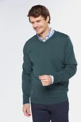 Buzo tejido de algodón con cuello en V, de diseño clásico y liviano, ideal para media estación.