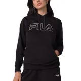 Canguro negro con capucha y cordones ajustables, con logo de Fila en el pecho delineado en blanco.
