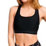 Top deportivo Under Armour de soporte medio, color negro, con diseño de espalda cruzada y banda elástica inferior con el logo de la marca estampado.