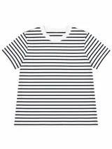 Remera de manga corta con diseño de rayas horizontales en color negro y blanco, cuello redondo y corte clásico.